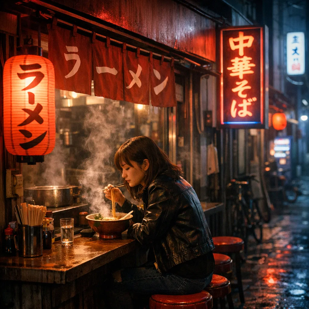 GPT Image 1.5 — A young woman eating alone at a neon-lit ramen shop on a quiet Tokyo backstreet at 2am, steam rising