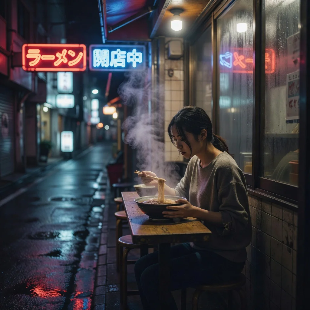Grok Imagine — A young woman eating alone at a neon-lit ramen shop on a quiet Tokyo backstreet at 2am, steam rising