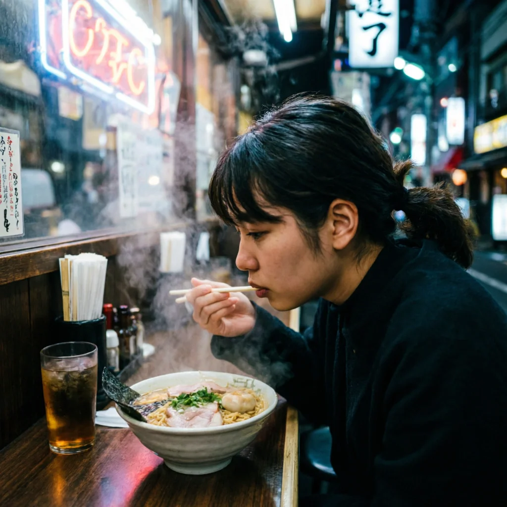 Qwen Image 2 Pro — A young woman eating alone at a neon-lit ramen shop on a quiet Tokyo backstreet at 2am, steam rising