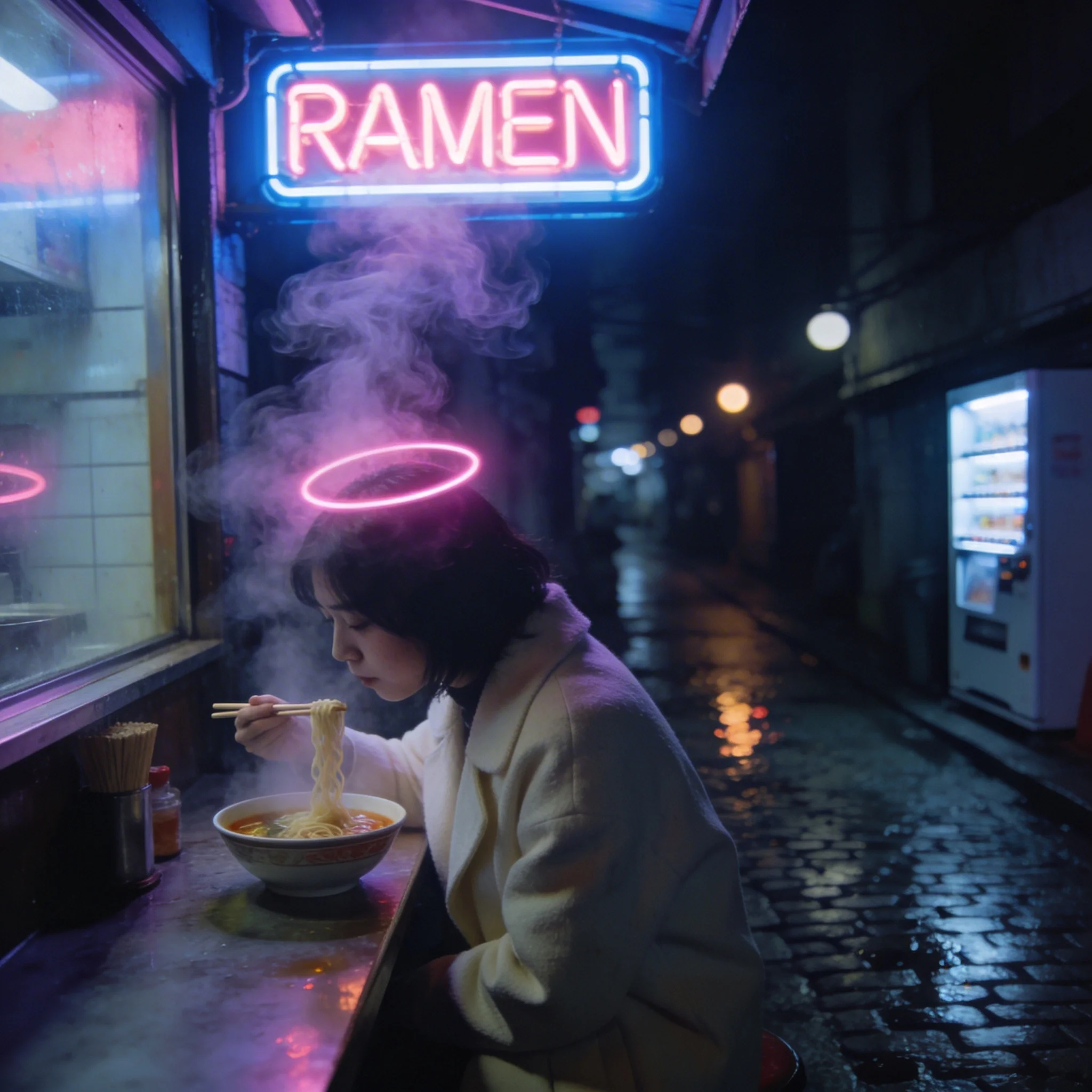 Seedream V4.5 — A young woman eating alone at a neon-lit ramen shop on a quiet Tokyo backstreet at 2am, steam rising